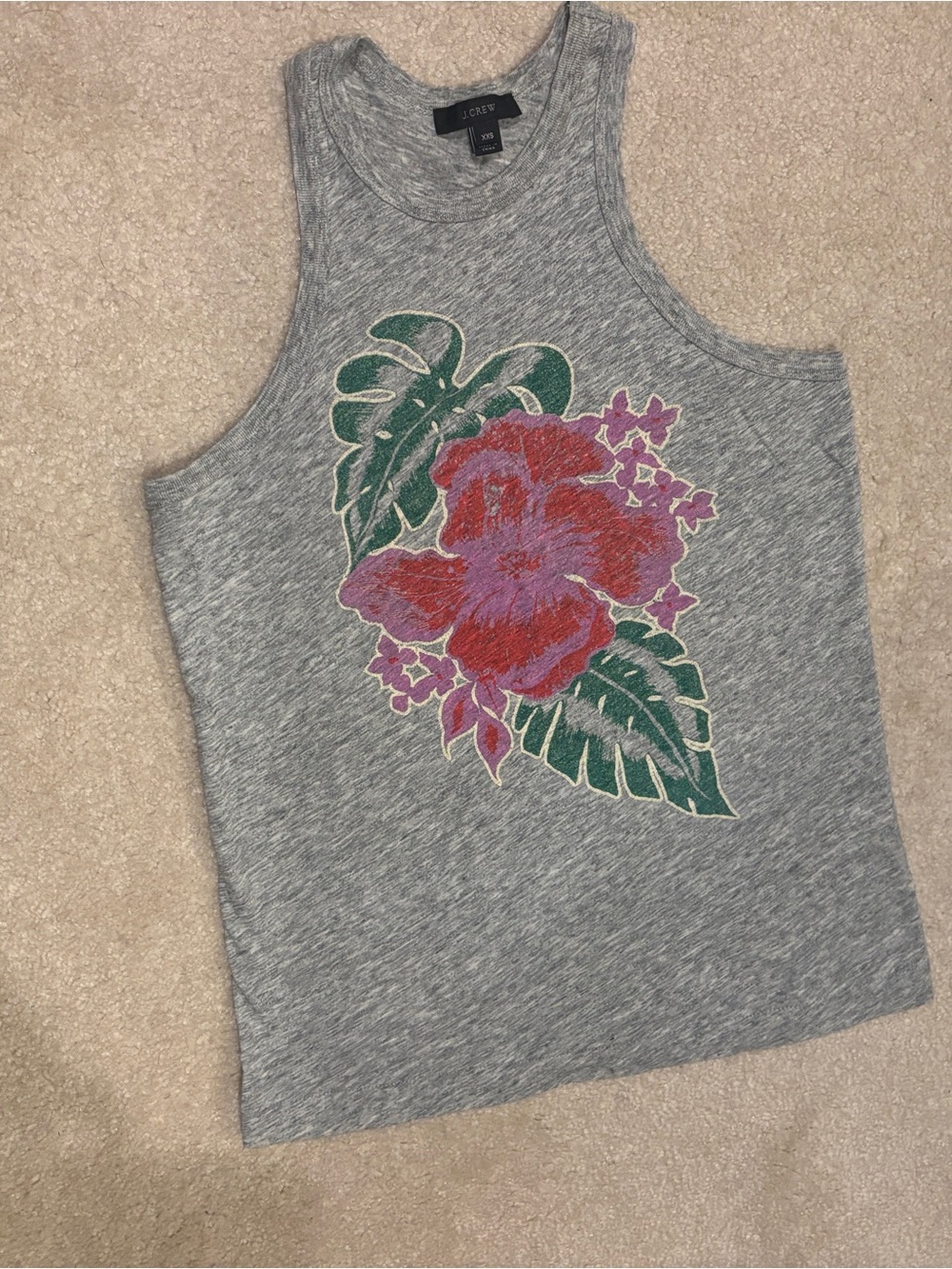 J. Crew Gray Floral Tank Top - Pink & Green Hibiscus